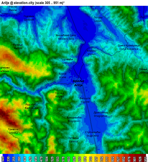 Zoom OUT 2x Arilje, Serbia elevation map