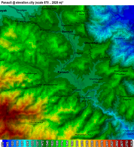 Zoom OUT 2x Panauti, Nepal elevation map