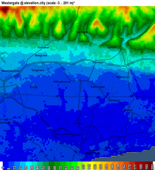 Zoom OUT 2x Westergate, United Kingdom elevation map