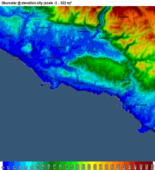 Zoom OUT 2x Okurcalar, Turkey elevation map