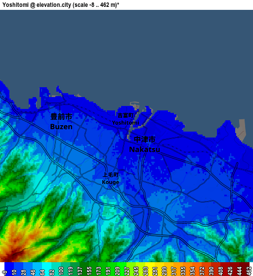 Zoom OUT 2x Yoshitomi, Japan elevation map