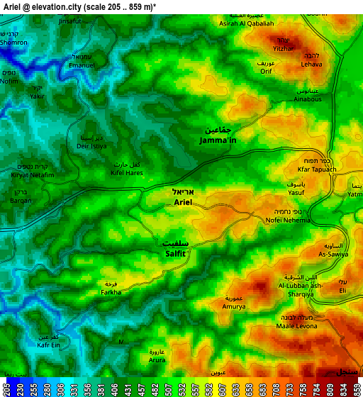 Zoom OUT 2x Ariel, Israel elevation map