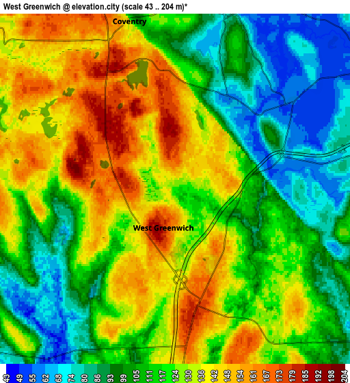 Zoom OUT 2x West Greenwich, United States elevation map