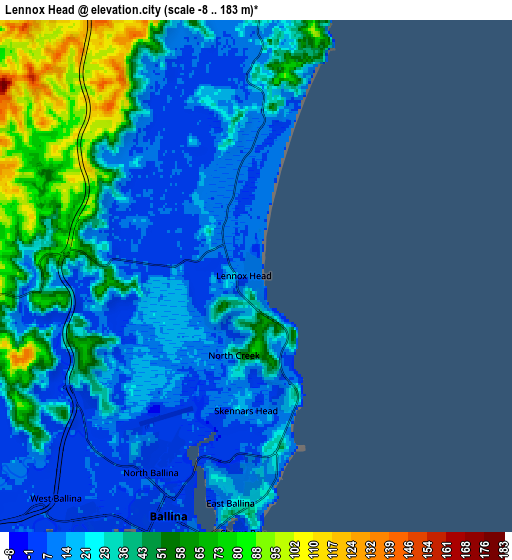 Zoom OUT 2x Lennox Head, Australia elevation map