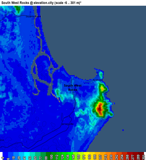 Zoom OUT 2x South West Rocks, Australia elevation map