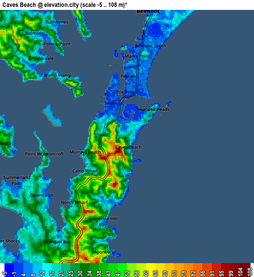 Zoom OUT 2x Caves Beach, Australia elevation map