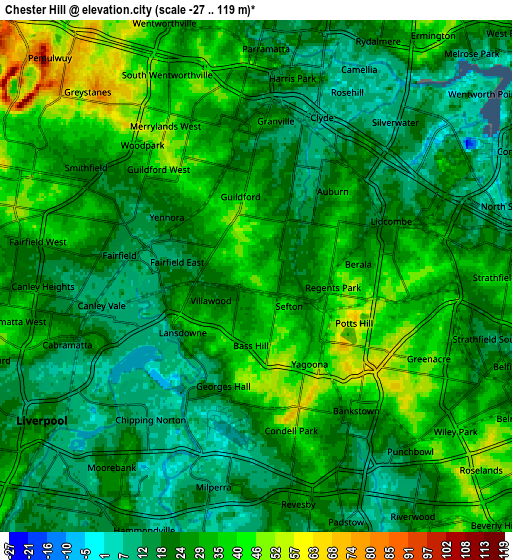 Zoom OUT 2x Chester Hill, Australia elevation map