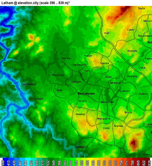 Zoom OUT 2x Latham, Australia elevation map