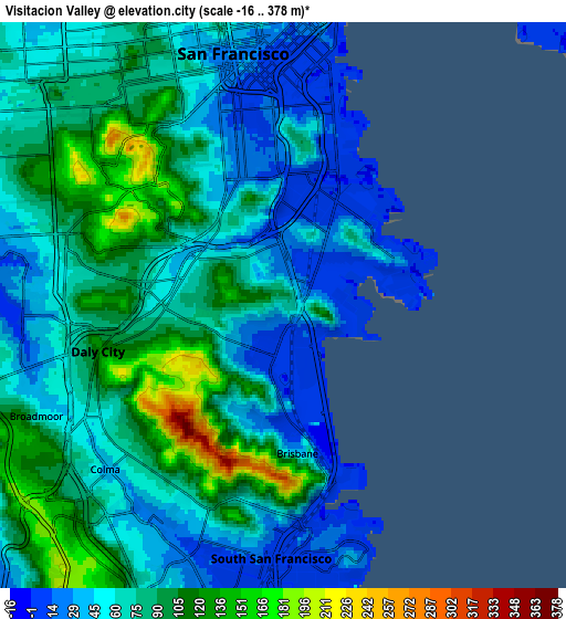 Zoom OUT 2x Visitacion Valley, United States elevation map
