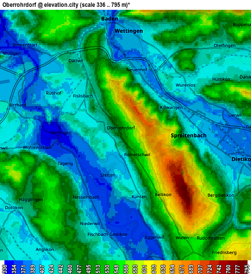 Zoom OUT 2x Oberrohrdorf, Switzerland elevation map