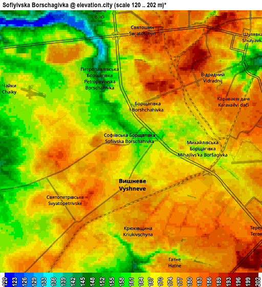 Zoom OUT 2x Sofiyivska Borschagivka, Ukraine elevation map