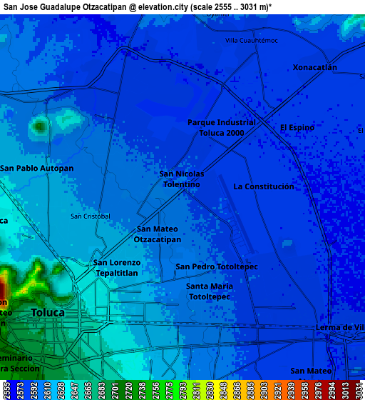 Zoom OUT 2x San José Guadalupe Otzacatipan, Mexico elevation map