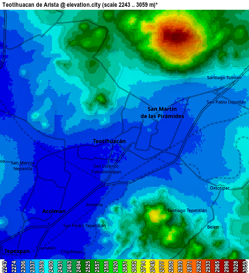 Zoom OUT 2x Teotihuacán de Arista, Mexico elevation map