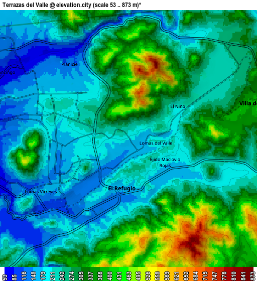 Zoom OUT 2x Terrazas del Valle, Mexico elevation map