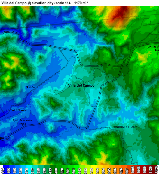 Zoom OUT 2x Villa del Campo, Mexico elevation map