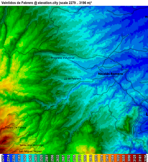 Zoom OUT 2x Veintidós de Febrero, Mexico elevation map
