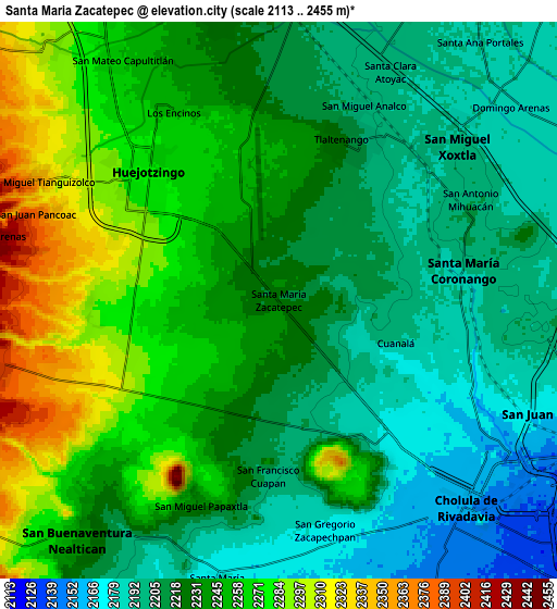 Zoom OUT 2x Santa María Zacatepec, Mexico elevation map