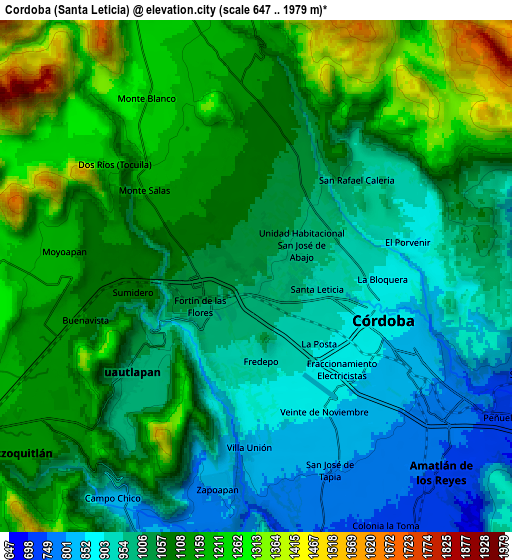 Zoom OUT 2x Córdoba (Santa Leticia), Mexico elevation map