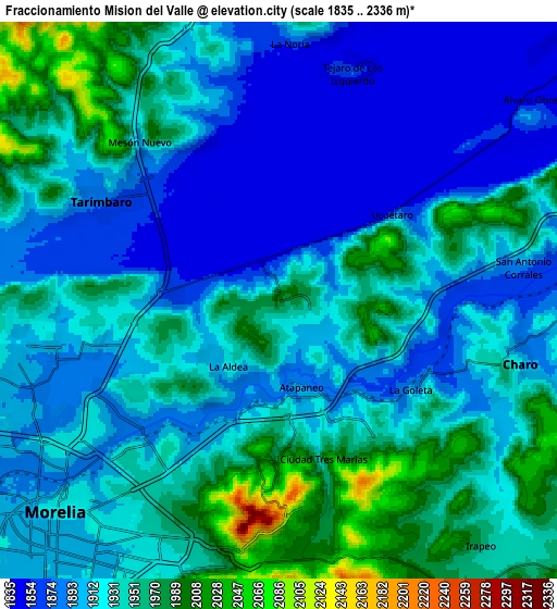 Zoom OUT 2x Fraccionamiento Misión del Valle, Mexico elevation map