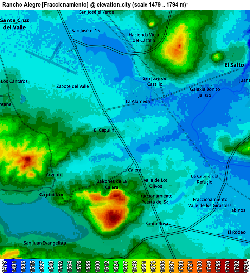 Zoom OUT 2x Rancho Alegre [Fraccionamiento], Mexico elevation map