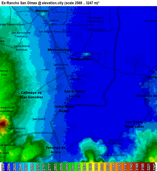 Zoom OUT 2x Ex-Rancho San Dimas, Mexico elevation map