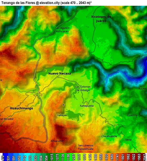 Zoom OUT 2x Tenango de las Flores, Mexico elevation map