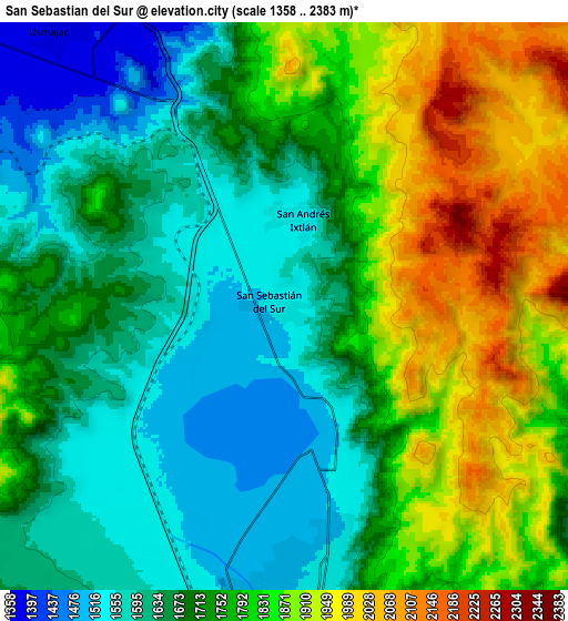 Zoom OUT 2x San Sebastián del Sur, Mexico elevation map