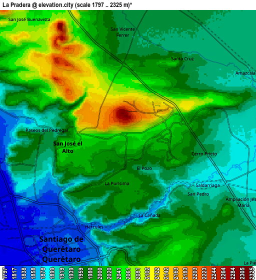 Zoom OUT 2x La Pradera, Mexico elevation map