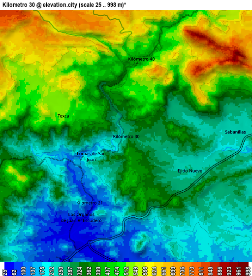 Zoom OUT 2x Kilómetro 30, Mexico elevation map