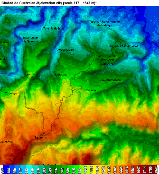 Zoom OUT 2x Ciudad de Cuetzalan, Mexico elevation map