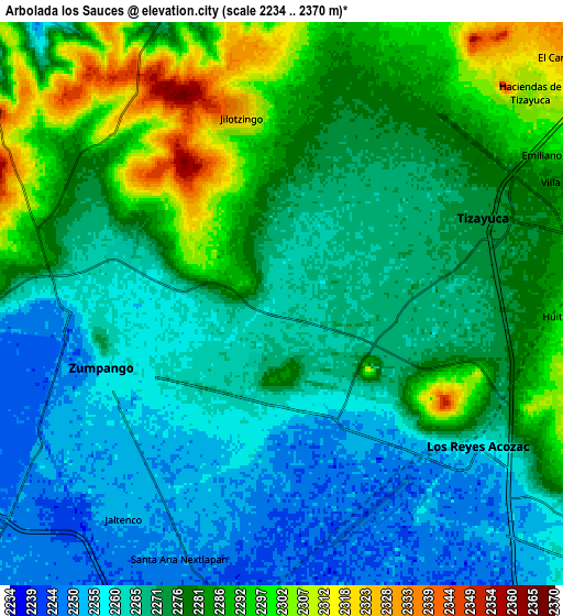 Zoom OUT 2x Arbolada los Sauces, Mexico elevation map