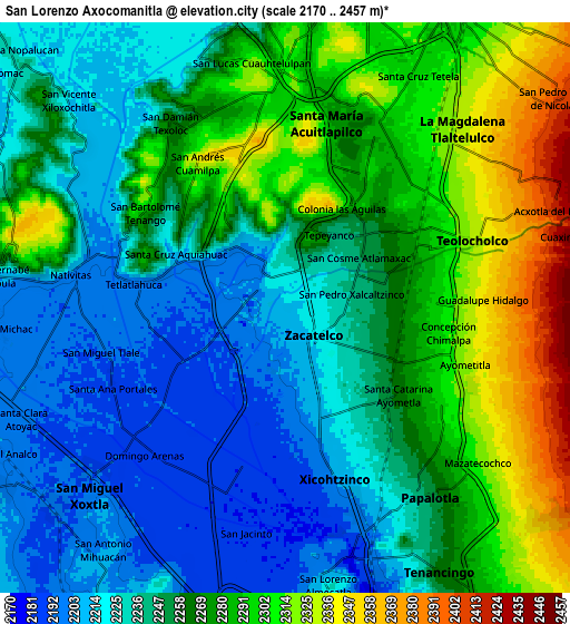 Zoom OUT 2x San Lorenzo Axocomanitla, Mexico elevation map