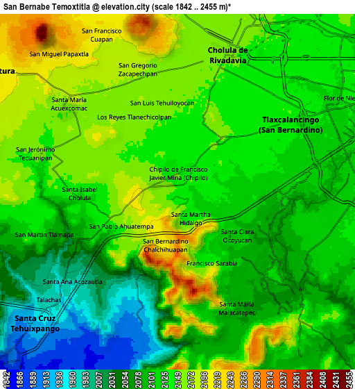 Zoom OUT 2x San Bernabé Temoxtitla, Mexico elevation map