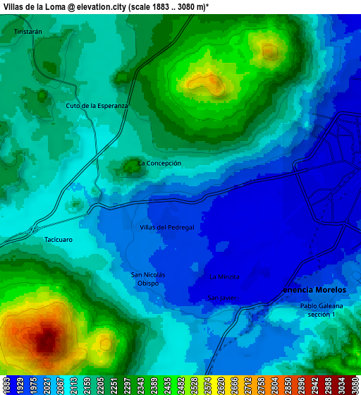 Zoom OUT 2x Villas de la Loma, Mexico elevation map