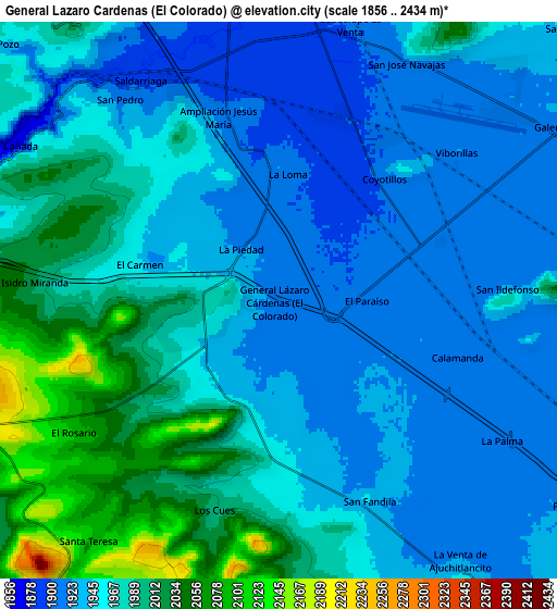 Zoom OUT 2x General Lázaro Cárdenas (El Colorado), Mexico elevation map