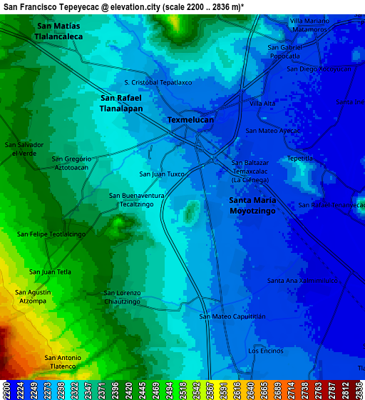 Zoom OUT 2x San Francisco Tepeyecac, Mexico elevation map