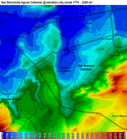 Zoom OUT 2x San Bartolomé Aguas Calientes, Mexico elevation map