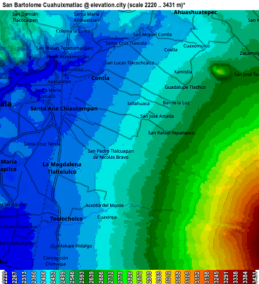 Zoom OUT 2x San Bartolomé Cuahuixmatlac, Mexico elevation map