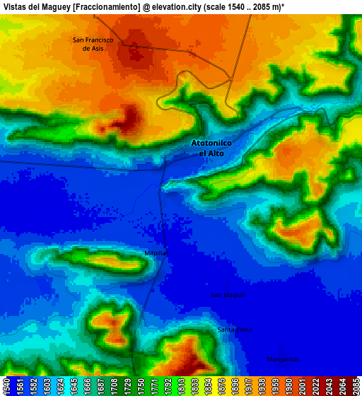 Zoom OUT 2x Vistas del Maguey [Fraccionamiento], Mexico elevation map