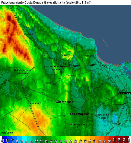 Zoom OUT 2x Fraccionamiento Costa Dorada, Mexico elevation map