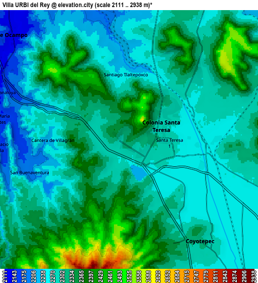 Zoom OUT 2x Villa URBI del Rey, Mexico elevation map