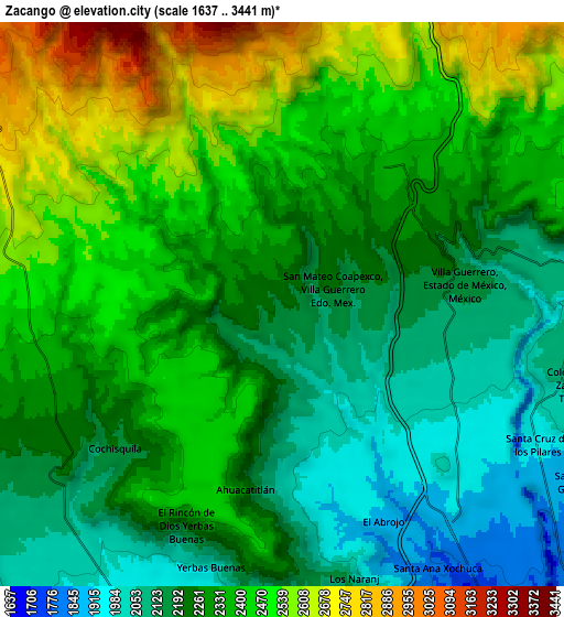 Zoom OUT 2x Zacango, Mexico elevation map