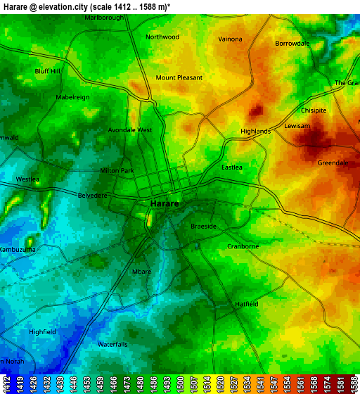 Zoom OUT 2x Harare, Zimbabwe elevation map