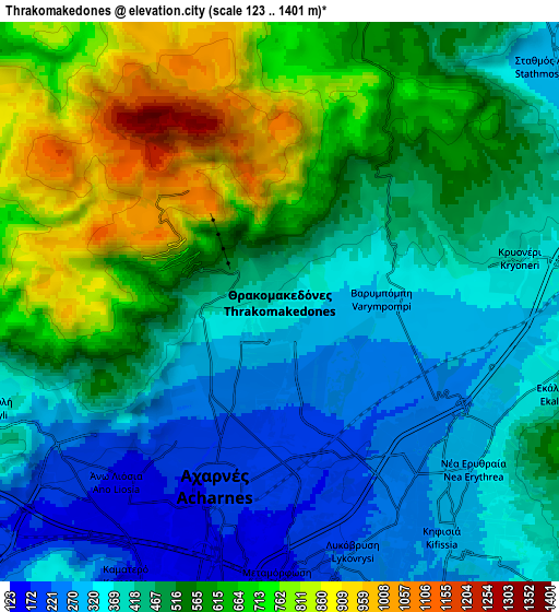 Zoom OUT 2x Thrakomakedónes, Greece elevation map