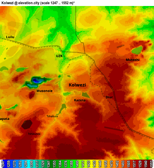 Zoom OUT 2x Kolwezi, Democratic Republic of the Congo elevation map