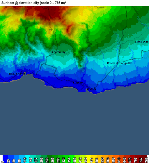 Zoom OUT 2x Surinam, Mauritius elevation map