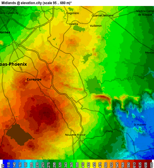 Zoom OUT 2x Midlands, Mauritius elevation map