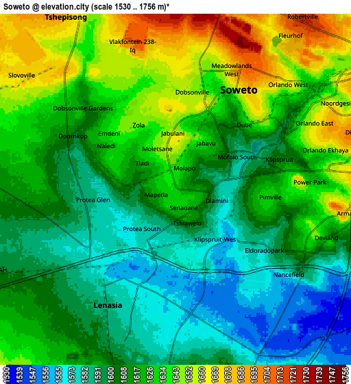 Zoom OUT 2x Soweto, South Africa elevation map