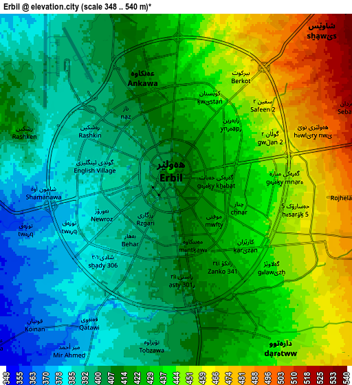 Zoom OUT 2x Erbil, Iraq elevation map