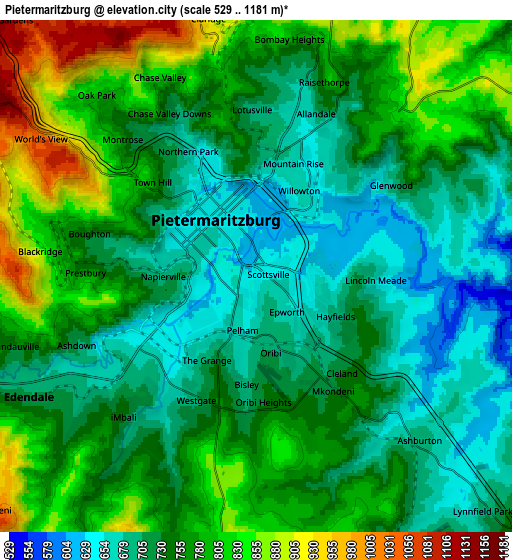 Zoom OUT 2x Pietermaritzburg, South Africa elevation map